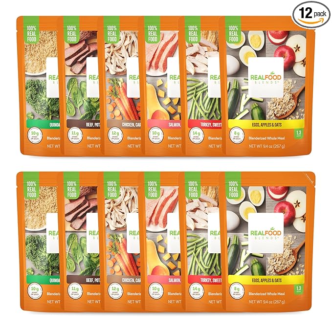 Real Food Blends Variety Pack - Pureed Food Meals for Tube Feeding with Protein, Vegetables & Fruits - 320–340 Calories Per Pouch for Lunch & Dinner - 9.4 oz (Pack of 12)