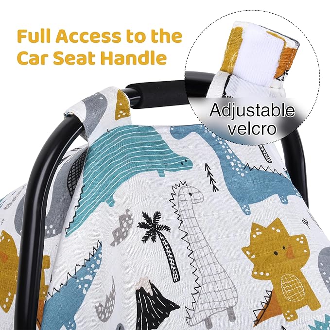 Rquite Dinosaurs Carseat Cover - Muslin Cotton Infant Car Seat Canopy, Breathable Baby Carrier Cover, Summer Stroller Sun Shade
