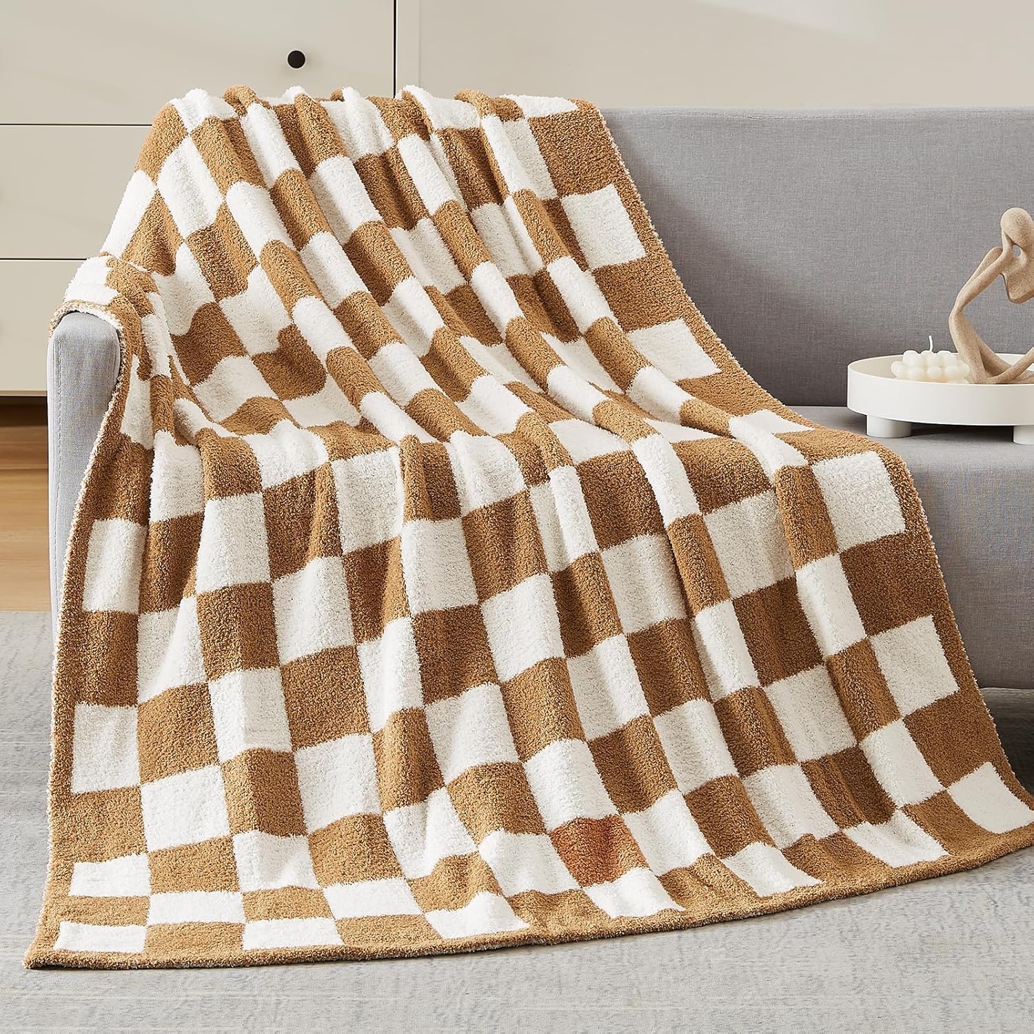WRENSONGE Checkered Throw Blanket, Burnt Orange Soft Cozy Fluffy Warm Hand Made Throw Blankets for Couch, Sofa, Chair, Bed, Camping, Picnic, Travel Lightweight Bed Blanket - 60"*80"