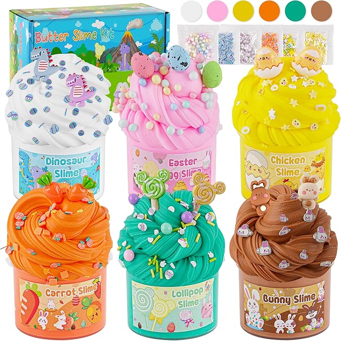 LAWOHO Butter Slime Kit Easter Basket Stuffers - 6 Prefilled Easter Eggs with Butter Slime & Cute Slimes Add-ins, Soft & Non Stick Fluffy Slimes for Birthday Party Favors for Girls & Boys Egg Fillers
