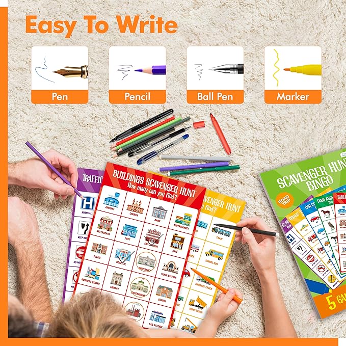 Road Trip Game Pad, 5 Games in 1 (Farm Animals, Car Colors, Buildings, Traffic Signs, Vehicles Scavenger Hunt Bingo), Pen Pencil Paper Game, Plane Trip/Car Travel/Getaway Activity Pad for Kid, Adult