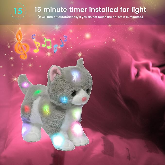 Hopearl LED Musical Stuffed Kitty Light up Singing Plush Cat Adjustable Volume Lullaby Animated Soothe Birthday Gifts for Kids Toddler Girls, Grey, 13.5''