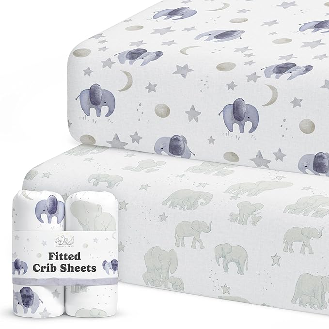 Crib Sheets Neutral - Fitted Baby Crib Sheets Bed for Girl Boy - 2 Pack Standard & Toddler Mattress (Watercolor Elephants) - Buttery Soft Organic Cotton Blend
