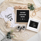 9 Pcs Pregnancy Announcement Set Pregnancy Reveal Ideas Felt Letter Board Baby Bodysuit Booties Photo Frame Bear Plush Wood Blocks for Coming Soon Baby Announcement(Black)