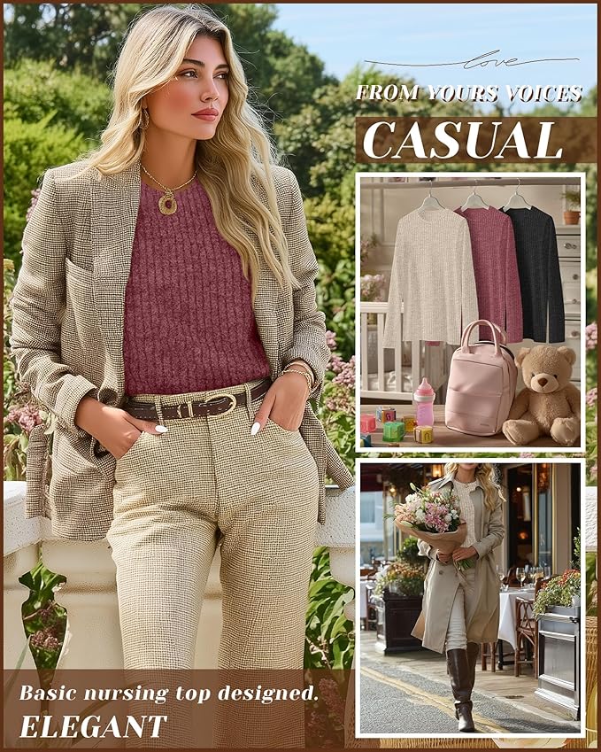 3 Pack Women's Nursing Long Sleeve Tops Breastfeeding Thermal Sweaters with Hidden Zipper Maternity Ribbed Shirts