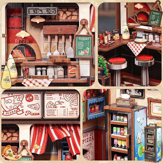 CUTEBEE Book Nook Kit - DIY Miniature House Dollhouse Kit for Adults and Teens, Booknook Tiny House Pizza Shop Bookshelf Decor 3D Wooden Puzzle, Gifts for Family, Friends (Uncle Joe's Pizzeria)