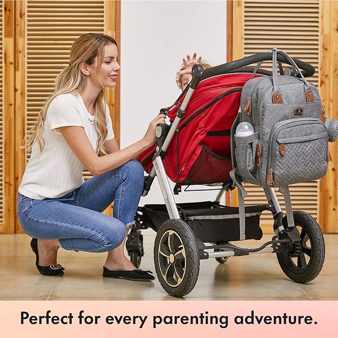 Dikaslon Diaper Bag Backpack with Portable Changing Pad, Pacifier Case and Stroller Straps, Large Unisex Baby Bags for Boys Girls, Multipurpose Travel Back Pack Moms Dads, Gray