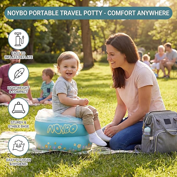Travel Potty Seat for Toddlers - Inflatable Portable Toilet Kids Chair, Foldable Compact Lightweight Potty for Camping Road Trips, Outdoor Car Travel, Holds 66 lbs and 20 Durable Disposable Bags