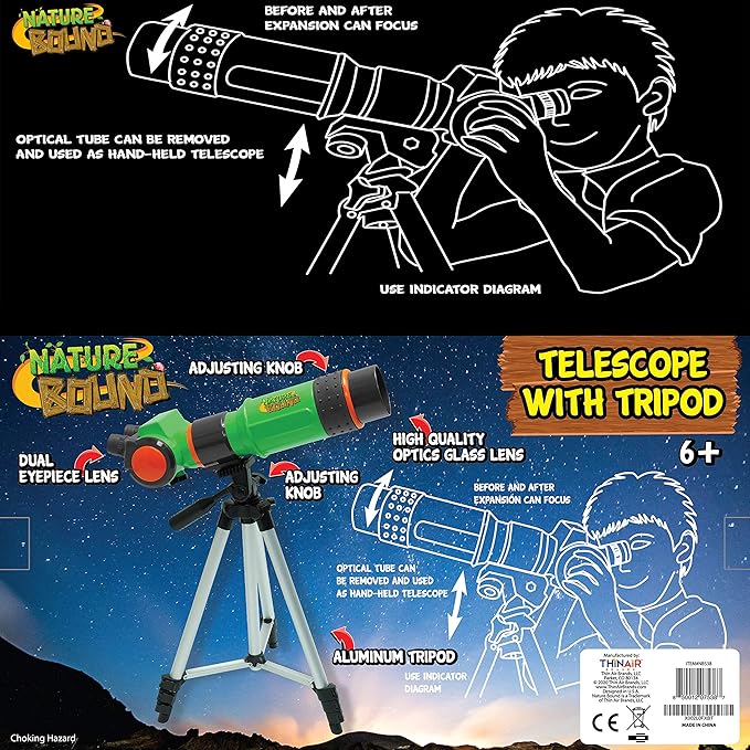 Nature Bound Telescope for Kids and Beginners, 16X Magnification and 15mm Lens for Indoor and Outdoor Use - Adjustable Tripod Included - for Kids Ages 6+, Green (NB538)