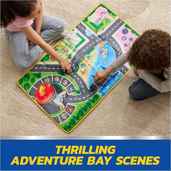 PAW Patrol Pup Squad Adventure Bay Playmat, 33-Inch Foldable Mat with Exclusive Chase and Humdinger Vehicles, Kids Toys for Boys & Girls Ages 3 and Up
