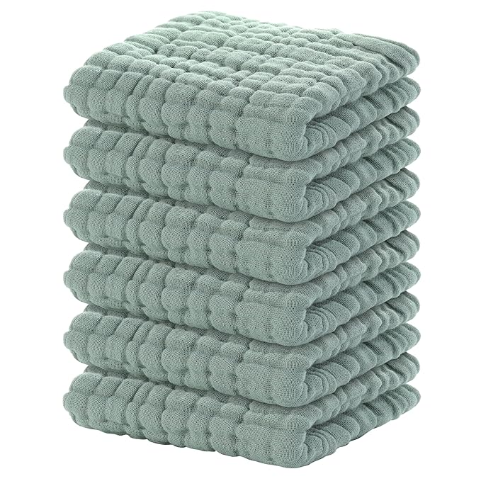 Yoofoss Muslin Baby Washcloths 100% Organic Cotton Face Towels 6 Pack Wash Cloths for Baby 12x12in Soft and Absorbent Baby Wipes (Dark Green)