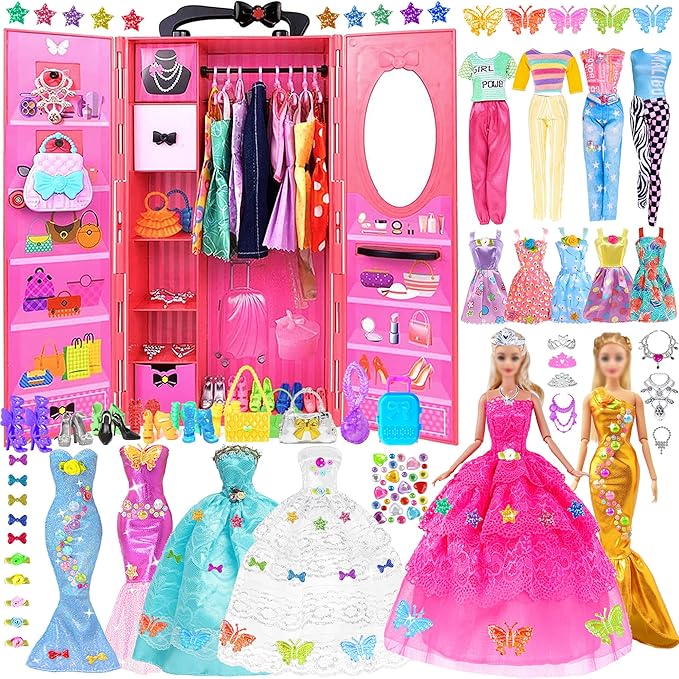 iBayda 139pcs 11.5-inch Fashion Doll and Wardrobe Playset: Wedding Dress, Outfits, Shoes, Bags, Necklace, DIY Stickers Accessories