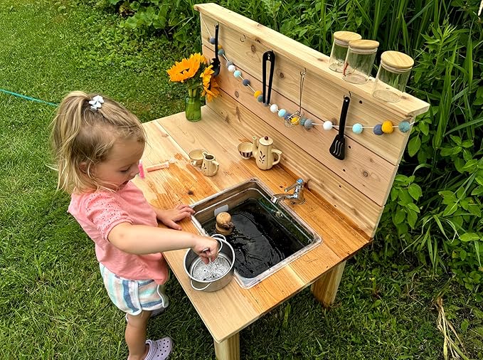Noble Toys Mini Mud Kitchen with Functional Sink for Kids | Pretend Play Toddler Table with Running Water | Outdoor Playset Working Sink | Real Wooden Kitchens | Preschool Equipment