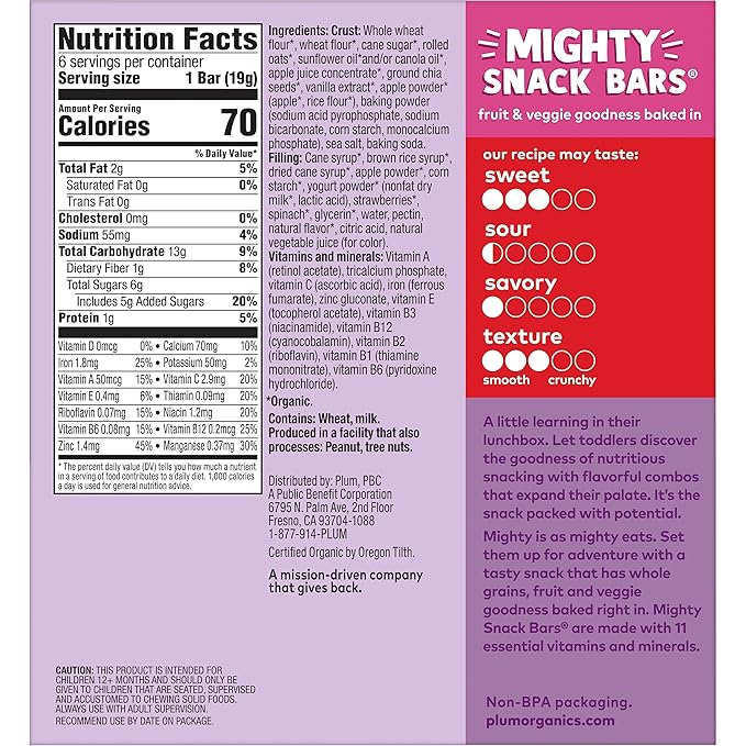 Plum Organics Mighty Snack Bars - Strawberry - 0.67 oz Bars (Pack of 12) - Organic Fruit and Vegetable Toddler Food Snack Bars