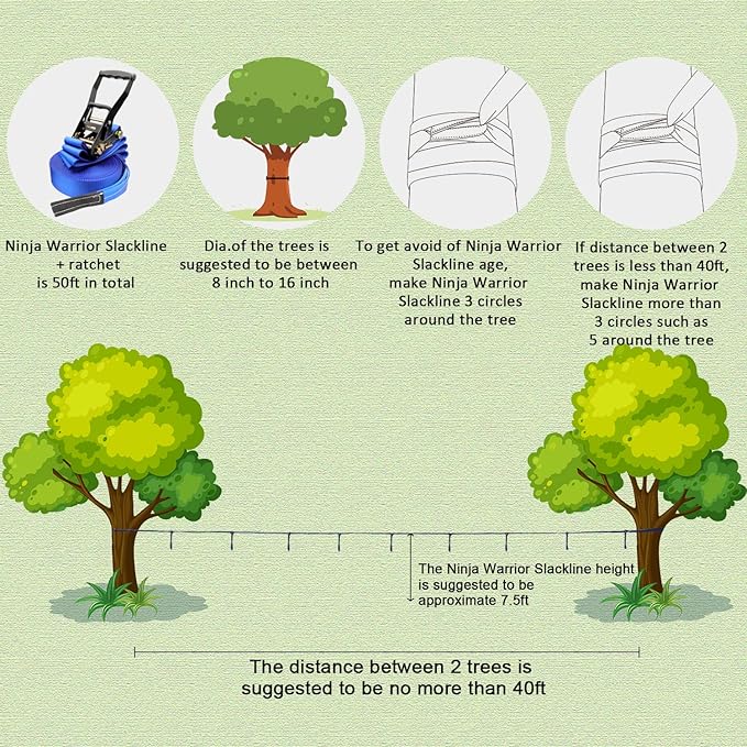 Rainbow Craft Ninja Warrior Obstacle Course for Kids - 50ft Slackline, 12 Removable Buckle Loops, 12 Ninja Attachments, Outdoor Training Equipment