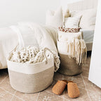 OrganiHaus Woven Laundry Basket, Large Cotton Rope Blanket Holder with Handles, Soft & Sturdy Nursery Hamper, Decorative Toy Bin for Living Room Organization 20x13 inches - Brown/Off-White