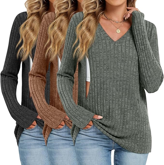3 Pack Women's Maternity Nursing Tops, V Neck Breastfeeding Sweaters Long Sleeve Hidden Zipper Shirts
