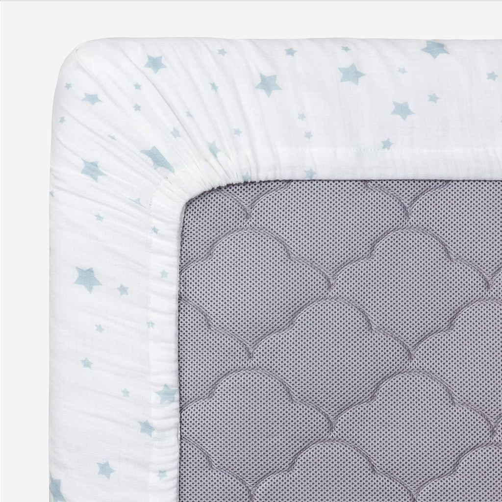 Newton Baby Mini Crib Fitted Sheets (2-Pack) | Organic Muslin Cotton, Breathable & Soft Baby Sheets, Washable Baby Mattress Sheets, Fits Any Mini Sized Crib 24" x 38", Moonstone Mist Stardust + White