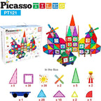 PicassoTiles 121 pc Master Builder Magnetic Building Block Construction Set Magnet Tiles Blocks with Car Truck, 2 Character Action Figures, 28 Educational Alphabet Animal and Number Graphics, Windmill