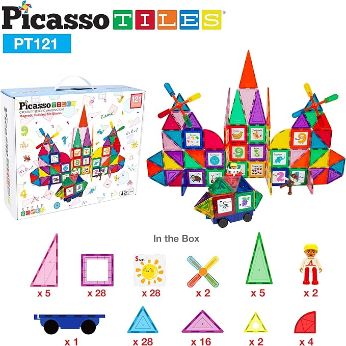 PicassoTiles 121 pc Master Builder Magnetic Building Block Construction Set Magnet Tiles Blocks with Car Truck, 2 Character Action Figures, 28 Educational Alphabet Animal and Number Graphics, Windmill