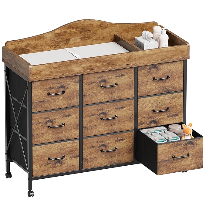 Baby Changing Table with 9 Fabric Drawers, Waterproof Diaper Changing Station & Pad, Mobile Nursery Diaper Changing Table, Baby Furniture, Bedroom, Rustic Brown