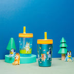 Zak Designs Bluey Kelso Tumbler Set, 15 fl.oz. Leak-Proof Screw-On Lid with Straw, Bundle for Kids Includes Plastic and Stainless Steel Cups with Bonus Sipper, 3pc Set, Non-BPA