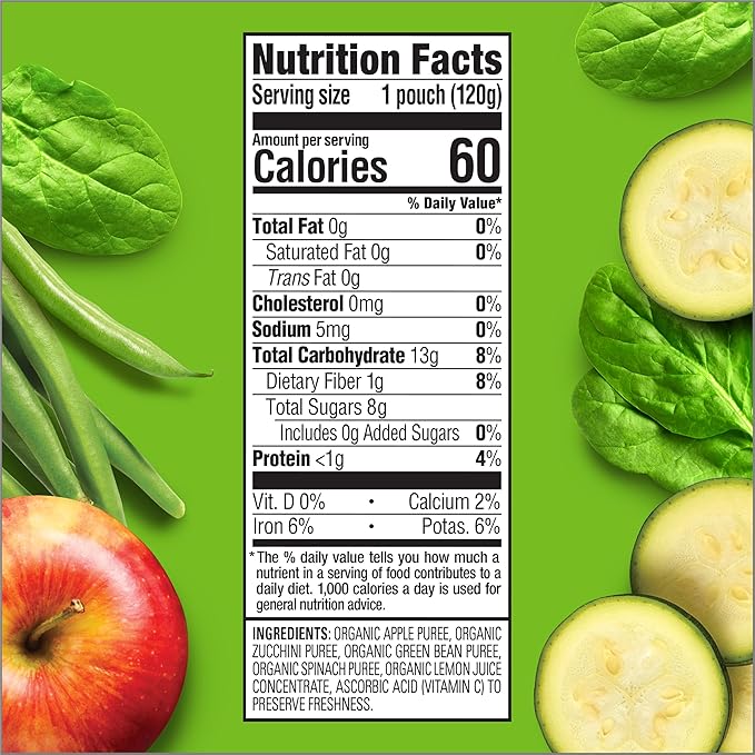 HAPPYTOT Organics Stage 4 Baby Food Pouches,Gluten Free, Vegan Snack, Love My Veggies, Fruit & Veggies Puree, Apples, Zucchini, Green Beans & Spinach 4.22 oz Pouch (Pack of 16)