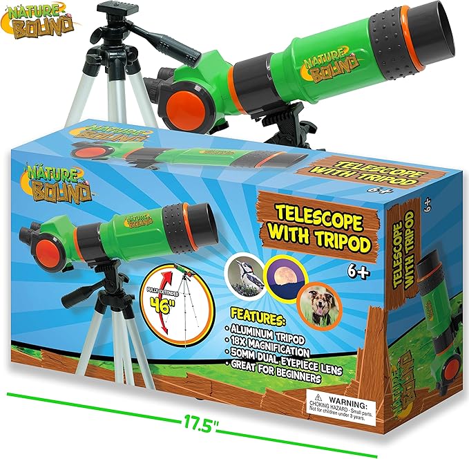 Nature Bound Telescope for Kids and Beginners, 16X Magnification and 15mm Lens for Indoor and Outdoor Use - Adjustable Tripod Included - for Kids Ages 6+, Green (NB538)