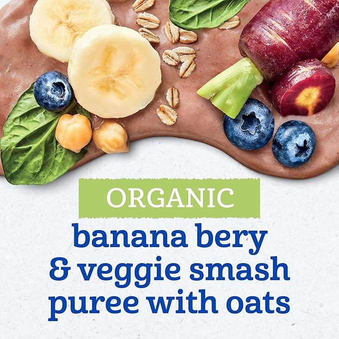 Gerber Toddler Food, Organic Banana Berry and Veggie Smash Puree Pouch, Toddler Pouches, No Added Sweetener, No Artificial Flavors, 12-Pack