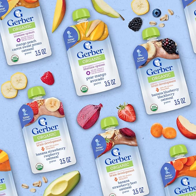 Gerber Stage 2 Baby Food, Organic Banana Strawberry Raspberry Oatmeal, Baby Puree, 12PK