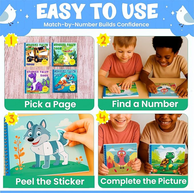 BulbaCraft 4Pcs Sticker Paint Books for Boys - Sticker Books by Number with Dinosaurs, Trucks, Animals and Under The Sea - Coloring Activity for Kids