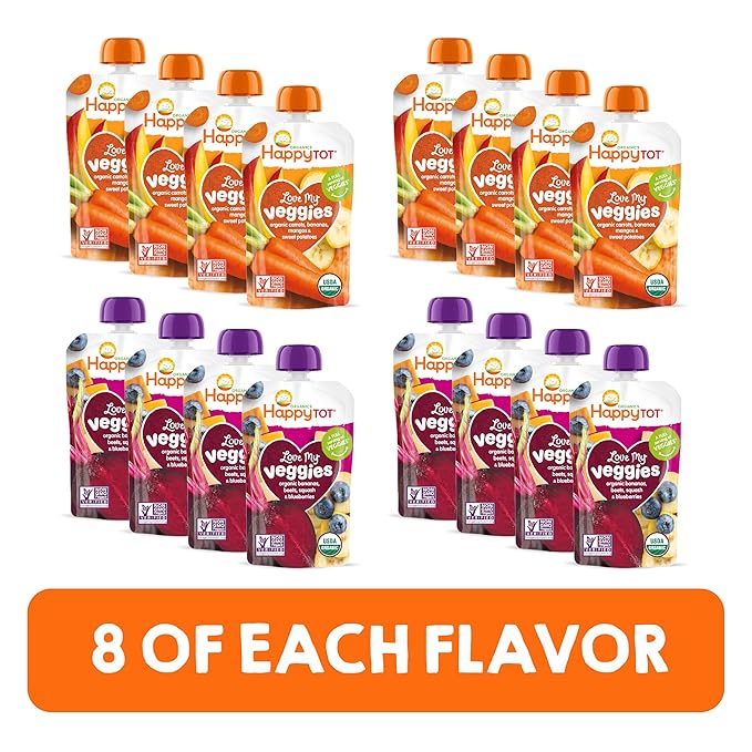 HAPPYTOT Organics Stage 4 Baby Food Pouches, Gluten Free, Vegan Snack, Love My Veggies, Fruit & Veggie Puree, Variety Pack, 4.22 Ounce (Pack of 16), Amazon Exclusive