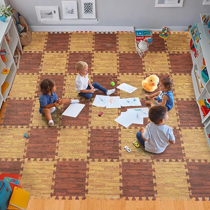 Skyweaver 24 Tiles Soft Non-Toxic Baby Play Mat for Floor EVA Foam Jigsaw Puzzle Play Mat, Interlocking Squares with 0.6inch for Babies, Toddlers & Kids Gym, Nursery, Playroom,Brown