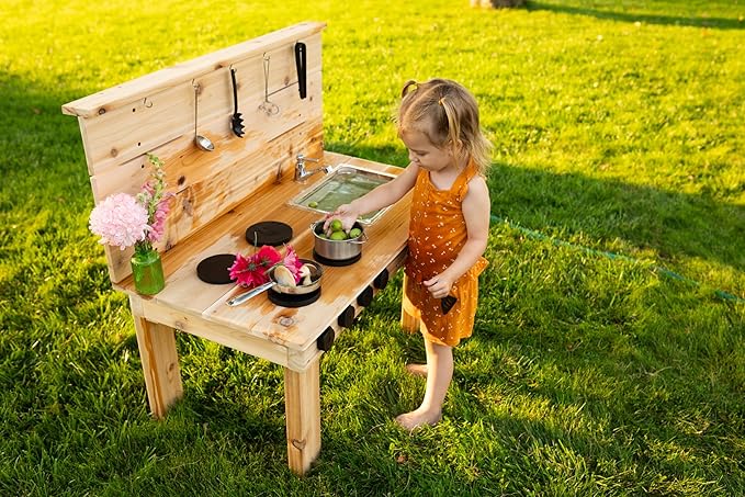 Noble Toys Mini Mud Kitchen with Functional Stovetop Sink for Kids | Pretend Play Toddler Table with Running Water | Outdoor Playset Working Sink | Real Wooden Kitchens | Preschool Equipment