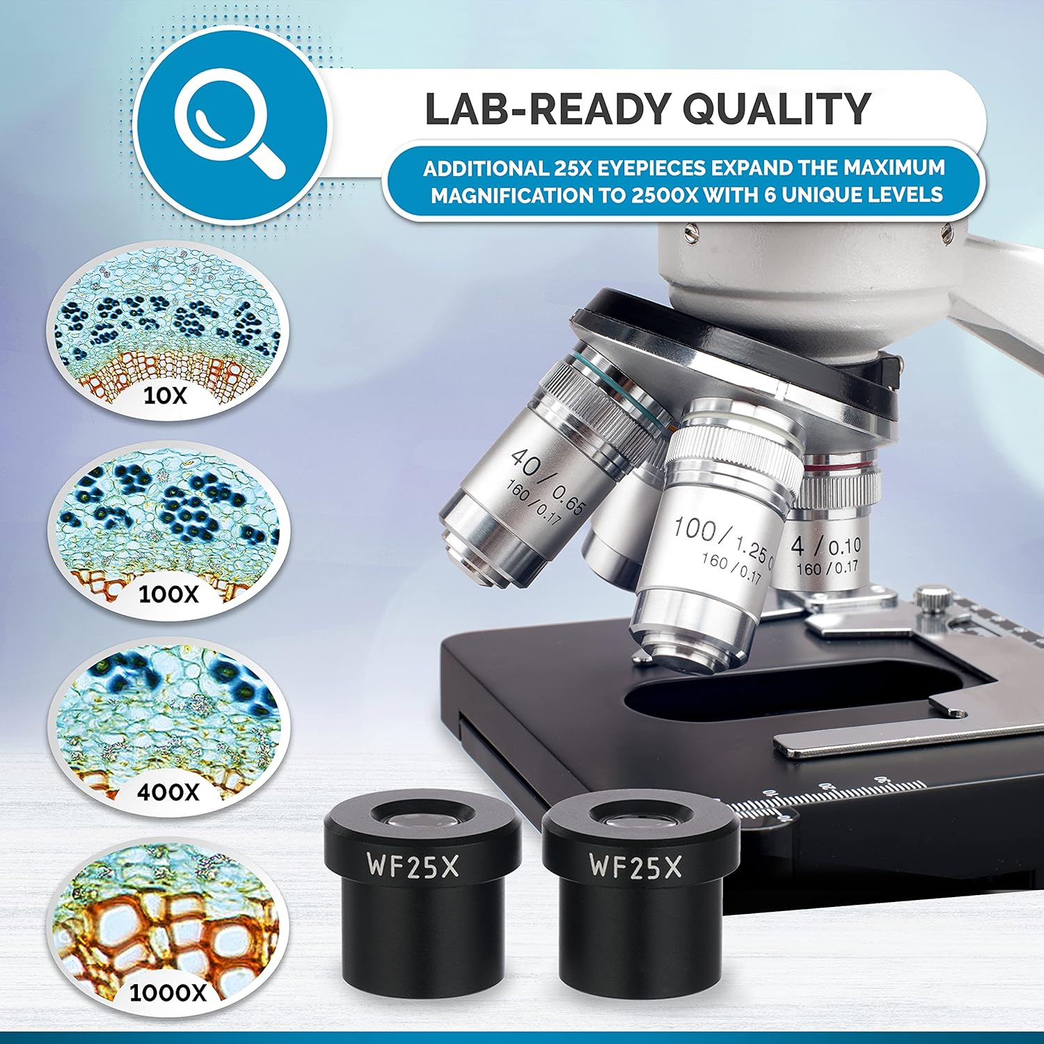 AmScope 40X-2500X LED Lab Binocular Compound Microscope with Double Layer Mechanical Stage + Book + 100 Prepared Slides