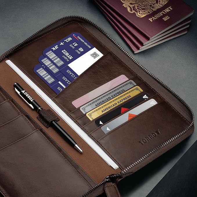 TORRO Premium Leather Family Travel Wallet, RFID Blocking Travel Organizer, Family Passport Holder for 4 Passports, Travel Documents and Cards (Dark Brown)