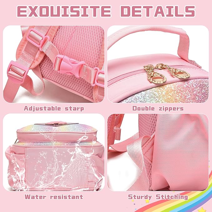 I IHAYNER Kids Glitter Lightweight Backpack for School Travel & Daycare, Toddler Backpack for Girls 3+ Preschool Kindergarten Elementary Kids Backpack-Rainbow Pink A