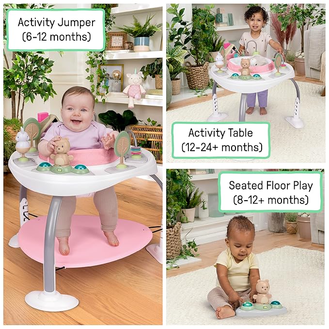 Ingenuity Spring & Sprout 2-in-1 Baby Activity Center Jumper and Table with Infant Toys - Ages 6 Months +, First Forest in Pink