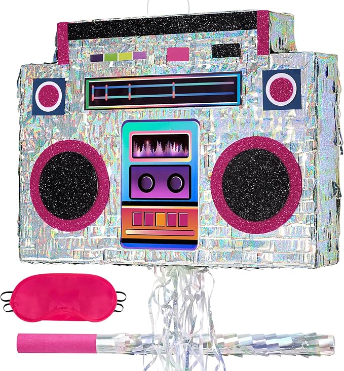 WERNNSAI Music Player Piñata - 80s and 90s Theme Party Decorations Piñata Bundle with Blindfold and Bat Music Piñata for Adults Kids Birthday Hip Hop Theme Party(12.5" x 16.5" x 3")