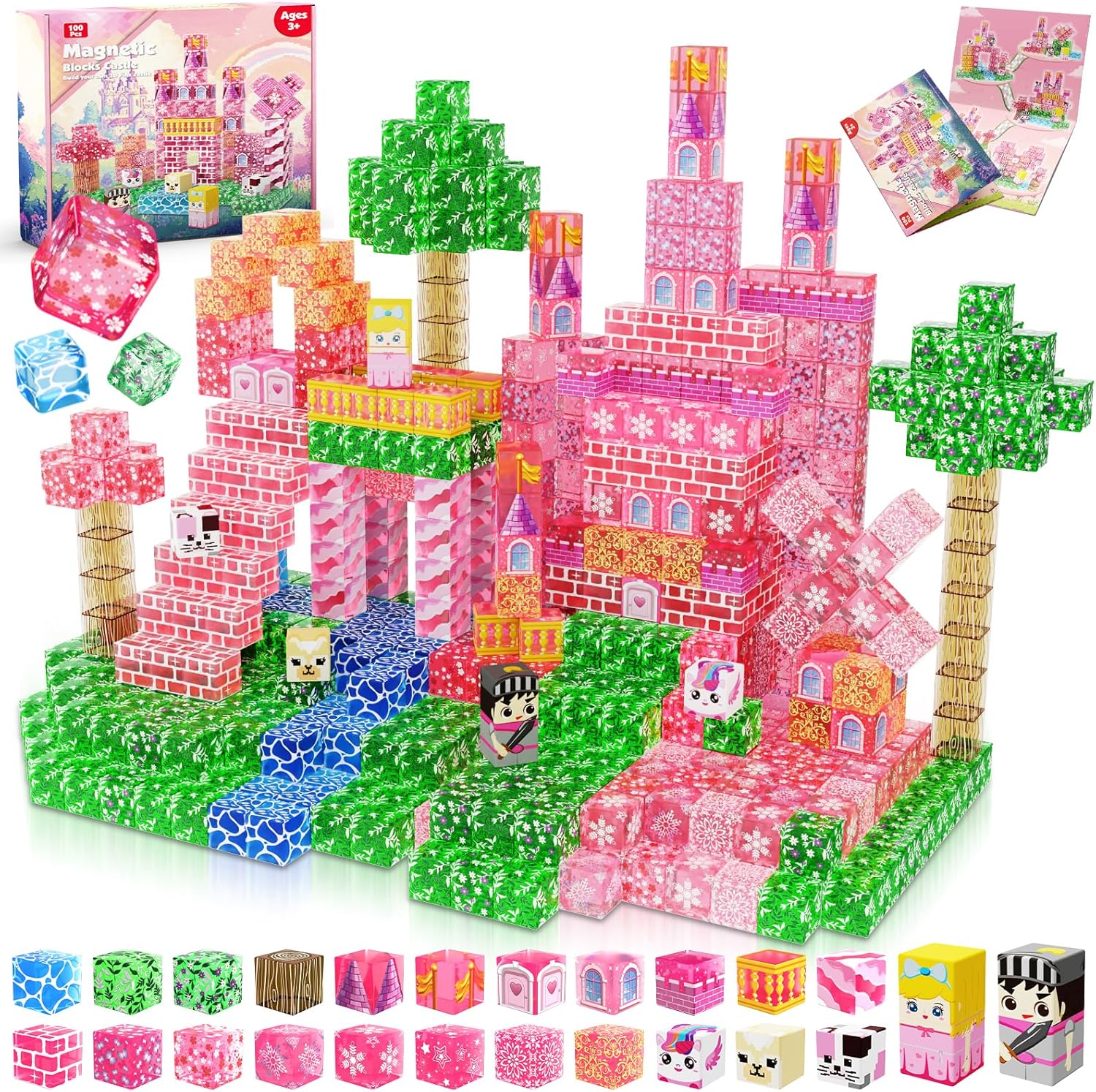 Magnetic Blocks - 100PCS Magnetic Building Block Cubes, Magnet Blocks Transparent Castle Princess Toy Building Sets for Kids, STEM Stacking Magnets Toys, Easter Birthday Gift for Boys Girls Age 4-8