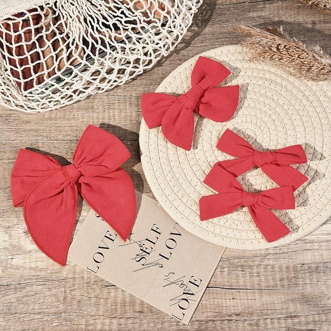 DEEKA 4 PCS Red Cotton Linen Hair Bows 3 Styles 5" & 4" Handmade Hair Bow set for Toddler Girls Alligator Hair Clips Knot Bows Hair Accessories for Little School Girls (Red)
