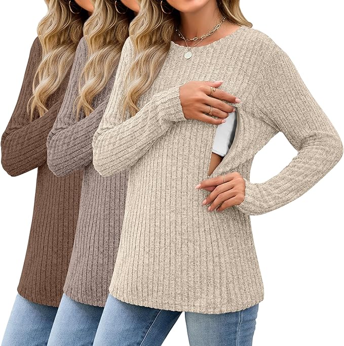3 Pack Women's Nursing Long Sleeve Tops Breastfeeding Thermal Sweaters with Hidden Zipper Maternity Ribbed Shirts