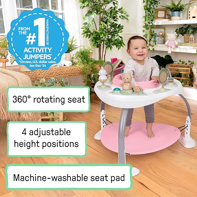 Ingenuity Spring & Sprout 2-in-1 Baby Activity Center Jumper and Table with Infant Toys - Ages 6 Months +, First Forest in Pink