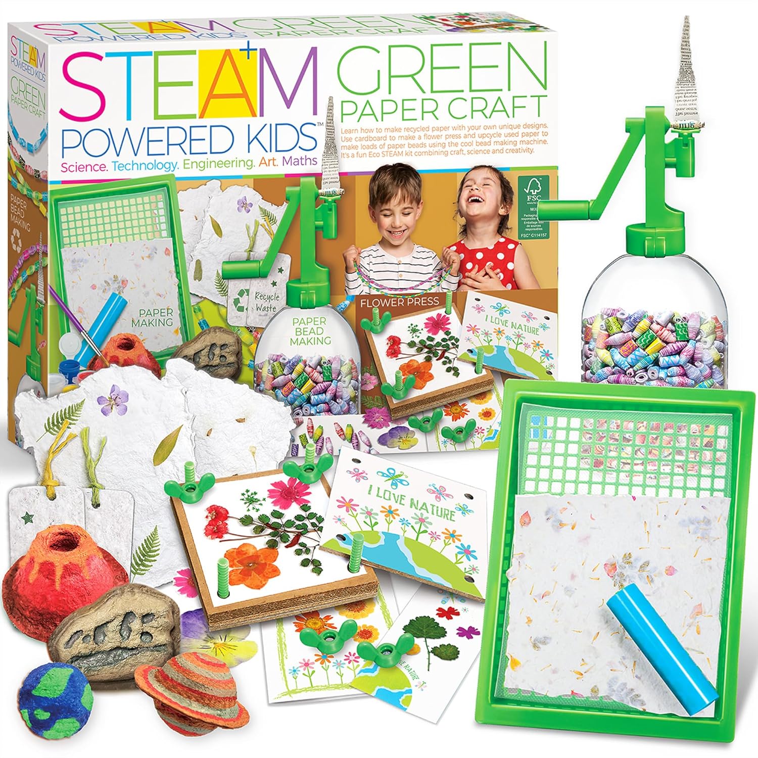 4M - STEAM Green Paper Crafts - Make Recycled Papers, Flower Pressing Art - Eco-Friendly STEAM Craft Paper Kit for Kids Ages 5+ - Learn Sustainability Through Creative Activities