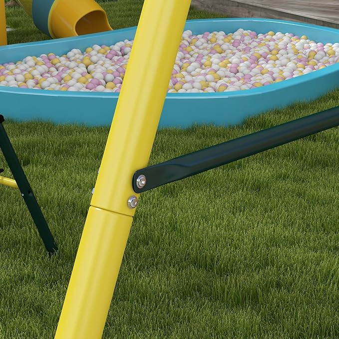 Outsunny 440 lbs Swing Set for Backyard, 5 in 1 Heavy-Duty A-Frame Stand Outdoor Playset for Kids, with Saucer Swing, Slide, Swing Seats, Gym Rings, Basketball Hoop, Climbing Steps and Net