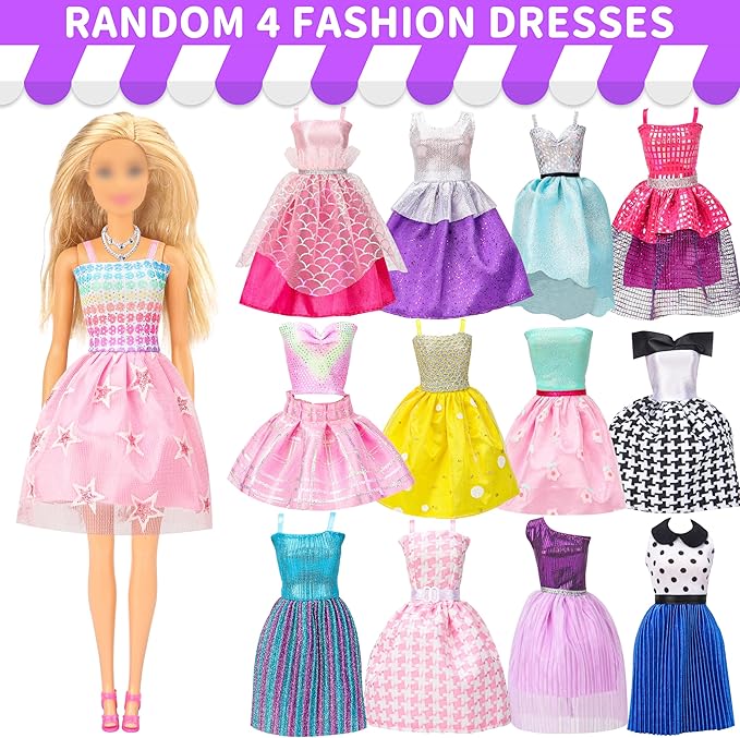 90 Pcs Doll Clothes and Accessories,2 Wedding Gowns 2 Evening Dresses 6 Fashion Dresses 4 Set Casual Outfit Top and Pant 2 Swimsuit,20 Hanger 10 Shoe 41 Accessories Toys for Girls Kid Gift