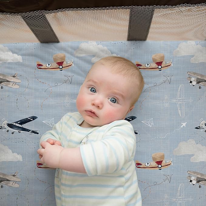 Pack and Play Sheets Fitted, Mini Crib Sheets for Graco Pack N Play Playard (38x26), Ultra Soft Cotton Blend, Safe & Snug Playpen Mattress Sheet for Baby Boys Girls, Airplane in The Clouds, 2-Pack