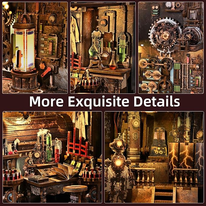 Book Nook Kit - DIY Miniature House Dollhouse Kit for Adults and Teens, Steampunk Booknook Tiny House Bookshelf Decor 3D Wooden Puzzle (Mad Scientist Lab)