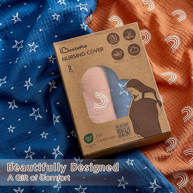 2 Pack Nursing Covers 100% Cotton Breastfeeding Cover Privacy Muslin Large Nursing Scarf Gift Set (Starry Rainbow Gradient)