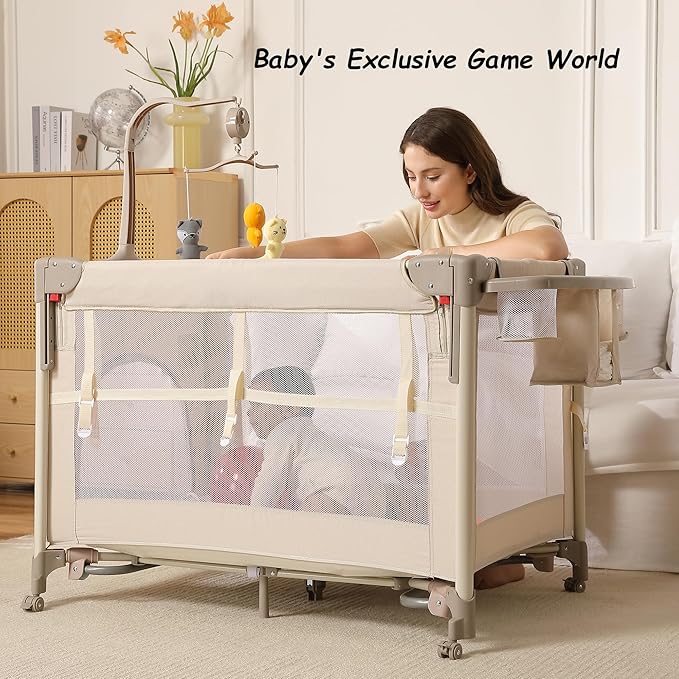 Pack and Play, Baby Bassinets Bedside Sleeper, Portable Crib, Diaper Changing Table & Baby Play Yard - Breathable Mesh & Steel Frame - Foldable for Newborn to Toddler (Cream Color)